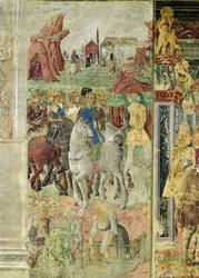 Alegorias dos meses, julho: Borso d&39;Este, príncipe de Ferrare chegando na caça e ver os camponeses no trabalho, 1469-70,